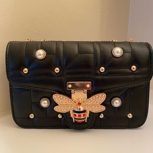 Black Bag with Blue & Red Bee and Pearls